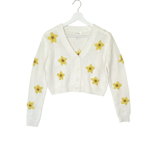 Jessica Simpson Sweater Womens Medium Cardigan Embroidered Floral White Crop - Picture 1 of 7